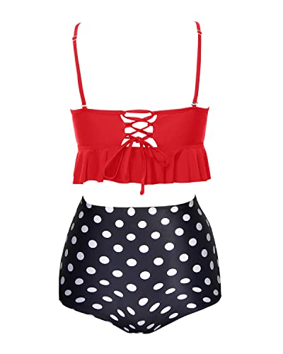 Removable Cotton-Padded Bra Fashionable Appearance High Waist Bikini Sets-Red Dot