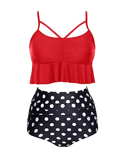 Removable Cotton-Padded Bra Fashionable Appearance High Waist Bikini Sets-Red Dot