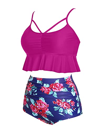 Women's Ruched Tummy Control High Waist Bikini Sets-Pink Floral