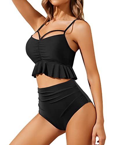 Two Piece Flounced Hem Push-Up Crop High Waist Bikini Sets-Black