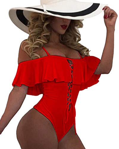 Lace-Up Ruffled Women Sexy One Piece Swimwear-Red