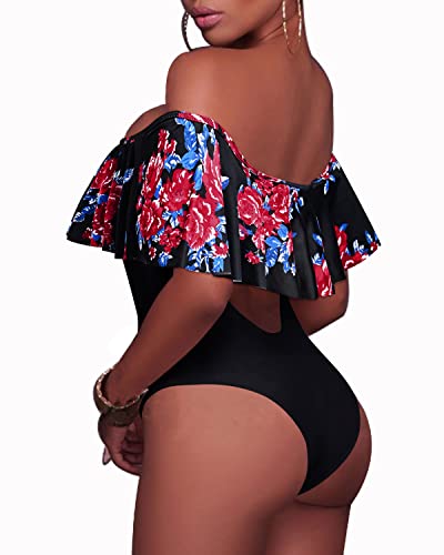 Lace-Up Strapless Bathing Suit For Ladies-Black And Red Floral