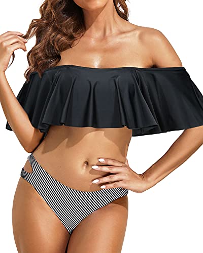 Women's Off Shoulder Ruffle Bikini Set Cheeky Hipster Bottoms-Black Stripe