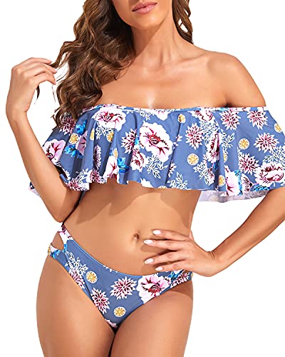 Trendy Off The Shoulder Ruffle Top Bikini Set Cheeky Bottoms-Grey Floral