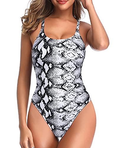 Eye-Catching Sexy Lace Up One Piece Swimsuits For Women-Black And White Snake Print