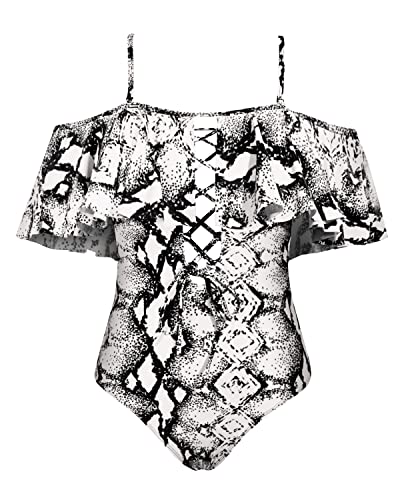 Sexy Off-Shoulder One Piece Lace Up Ruffled Bathing Suit-Black And White Snake Print