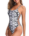 Eye-Catching Sexy Lace Up One Piece Swimsuits For Women-Black And White Snake Print