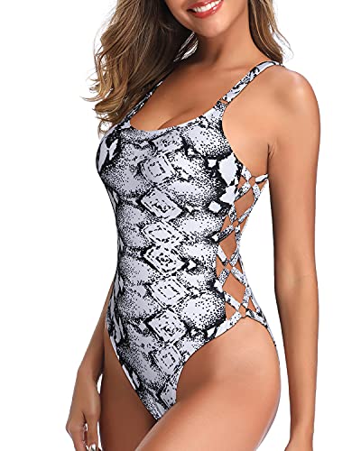 Eye-Catching Sexy Lace Up One Piece Swimsuits For Women-Black And White Snake Print