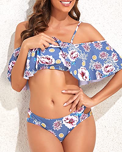 Trendy Off The Shoulder Ruffle Top Bikini Set Cheeky Bottoms-Grey Floral