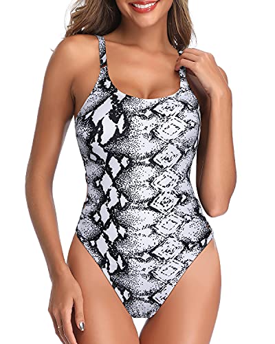 Eye-Catching Sexy Lace Up One Piece Swimsuits For Women-Black And White Snake Print