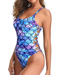 Front Low Neckline Sexy Lace Up Swimsuits For Women-Blue-Purple Mermaid Scales