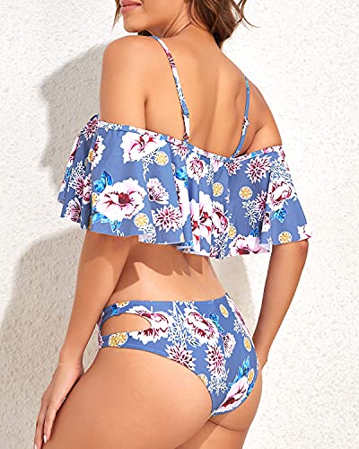 Trendy Off The Shoulder Ruffle Top Bikini Set Cheeky Bottoms-Grey Floral