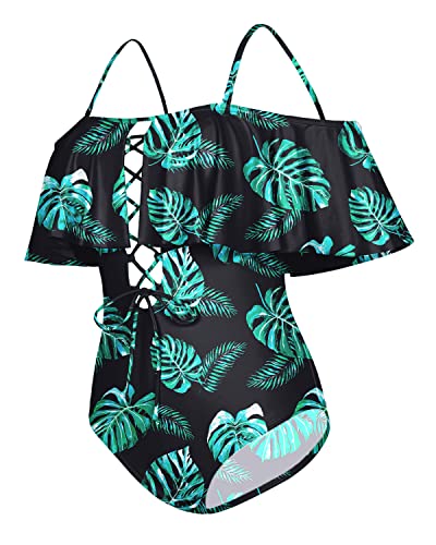 Flounce One Piece Swimsuit Off-The-Shoulder Lace-Up Backless Bathing Suit-Black And Green Leaf