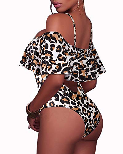 Flirty Ruffled Off The Shoulder One Piece Swimsuit For Ladies-Leopard