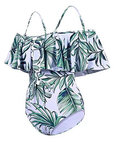 Slimming Lace Up Ruffled One Piece Swimsuit For Women-Green Leaf