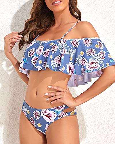 Trendy Off The Shoulder Ruffle Top Bikini Set Cheeky Bottoms-Grey Floral