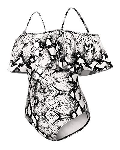Sexy Off-Shoulder One Piece Lace Up Ruffled Bathing Suit-Black And White Snake Print