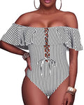 Flattering One Piece Lace Up Ruffled Bathing Suit-Black And White Stripe