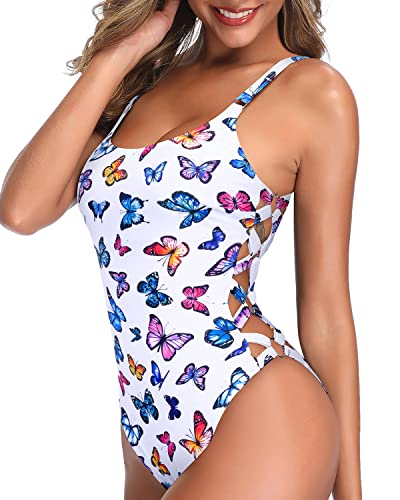 Slimming Crisscross Lace Up Women One Piece Swimwear-White Butterfly