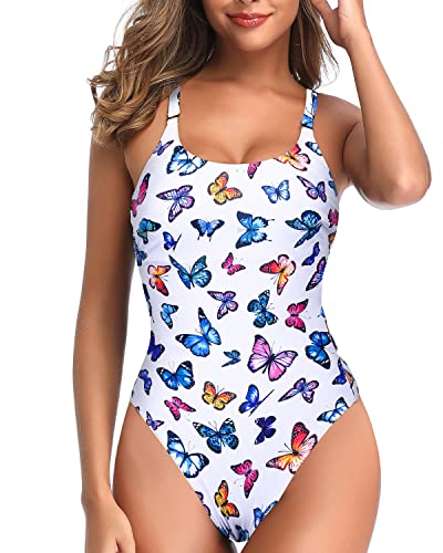 Slimming Crisscross Lace Up Women One Piece Swimwear-White Butterfly