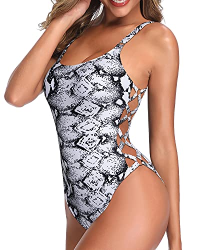 Eye-Catching Sexy Lace Up One Piece Swimsuits For Women-Black And White Snake Print