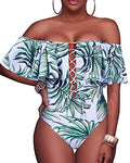 Slimming Lace Up Ruffled One Piece Swimsuit For Women-Green Leaf