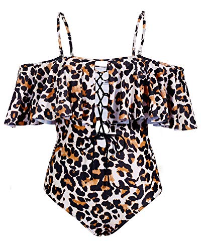 Flirty Ruffled Off The Shoulder One Piece Swimsuit For Ladies-Leopard